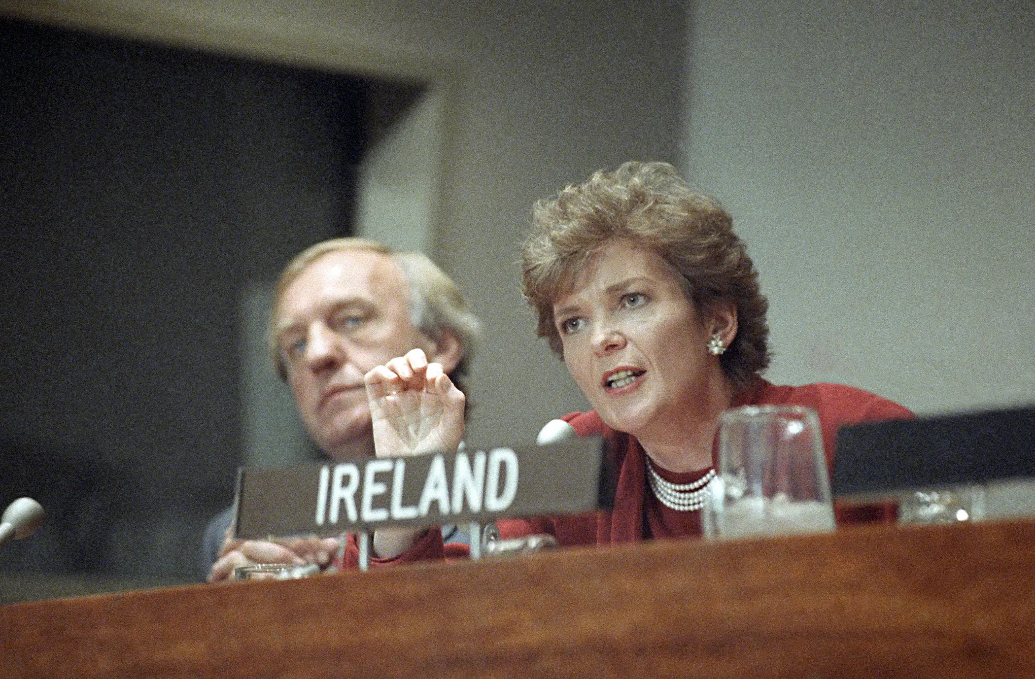 Irish President Mary Robinson, right, is joined by Irish Foreign Minister David Andrews during a news conference at the United Nations, October 7, 1992, New York.