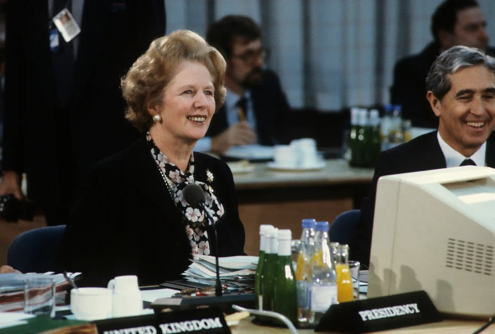 British Prime Minister Margaret Thatcher during an EEC summit in London, 6th December 1986.