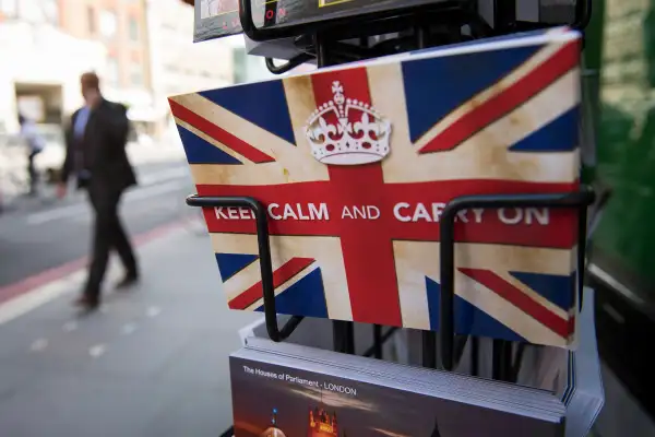 Postcards featuring the World War II British slogan  Keep Calm and Carry On  are seen outside a newsagents in London, on 24 June, 2016.