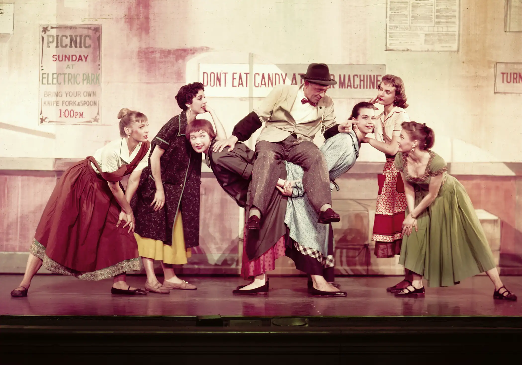 The Pajama Game (1954 - 1956 Broadway) Music & Lyrics by Richard Adler, Jerry Ross Book by George Abbott, Richard Bissell Directed by George Abbott, Jerome Robbins Shown at center: Eddie Foy, Jr.; third from left: Shirley MacLaine