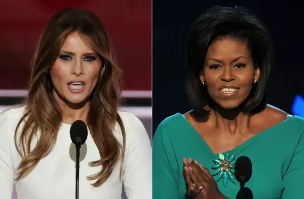Melania Trump (L), wife of presumptive Republican presidential candidate Donald Trump, speaking yesterday at the Republican National Convention and Michelle Obama, wife of US Democratic presidential candidate Barack Obama, greeting the audience at the Democratic National Convention in  2008 .