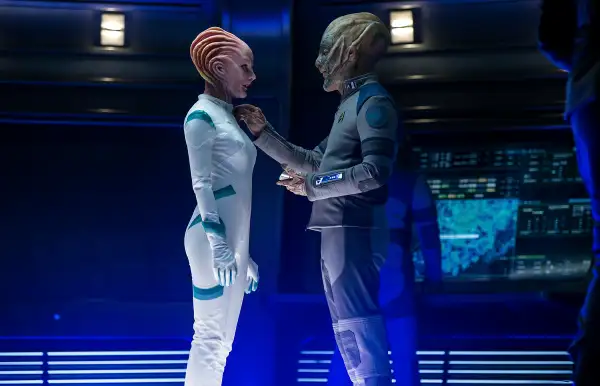 Left to right: Lydia Wilson plays Kalara and Jeff Bezos plays Starfleet Official in Star Trek Beyond from Paramount Pictures, Skydance, Bad Robot, Sneaky Shark and Perfect Storm Entertainment