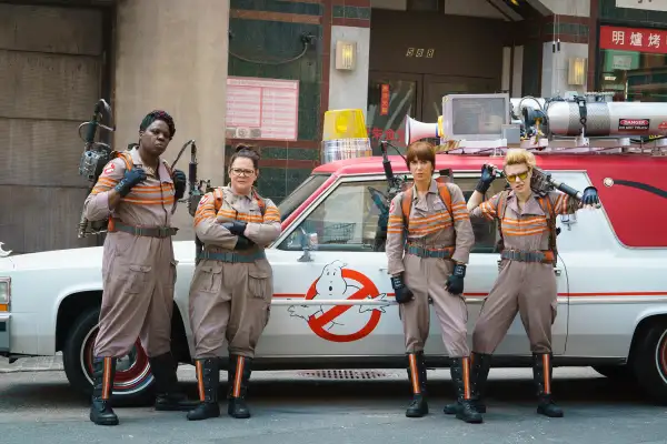 Ghostbuster's Patty Tolan (Leslie Jones), Abby Yates (Melissa McCarthy), Erin Gilbert (Kristen Wiig) and Jillian Holtzmann (Kate McKinnon) in Columbia Pictures' GHOSTBUSTERS.