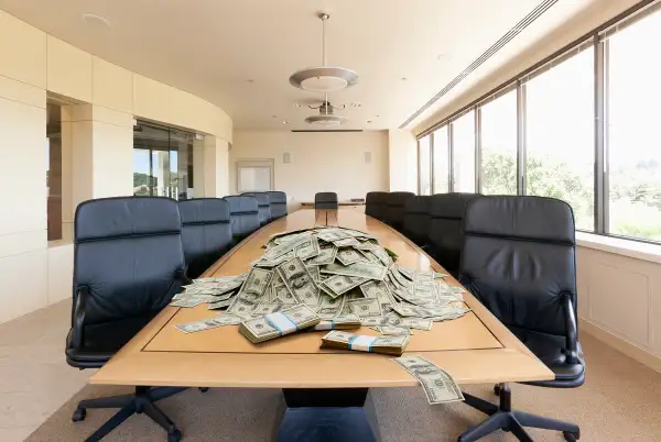 piles of money on conference table