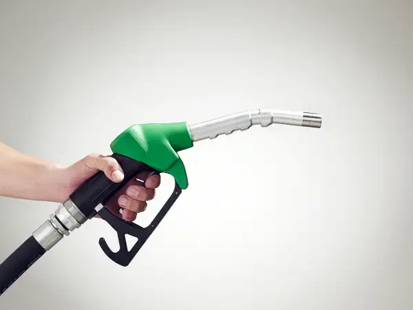 Man holding a petrol pump, close-up of hand