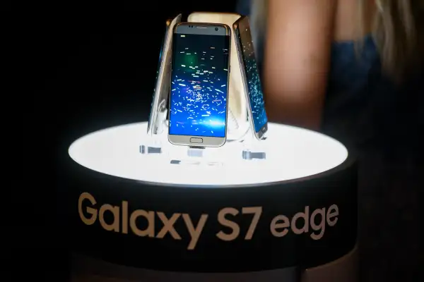 A view of the Samsung Galaxy S7 edge cell phone on display at Samsung 837 on July 19, 2016 in New York City.