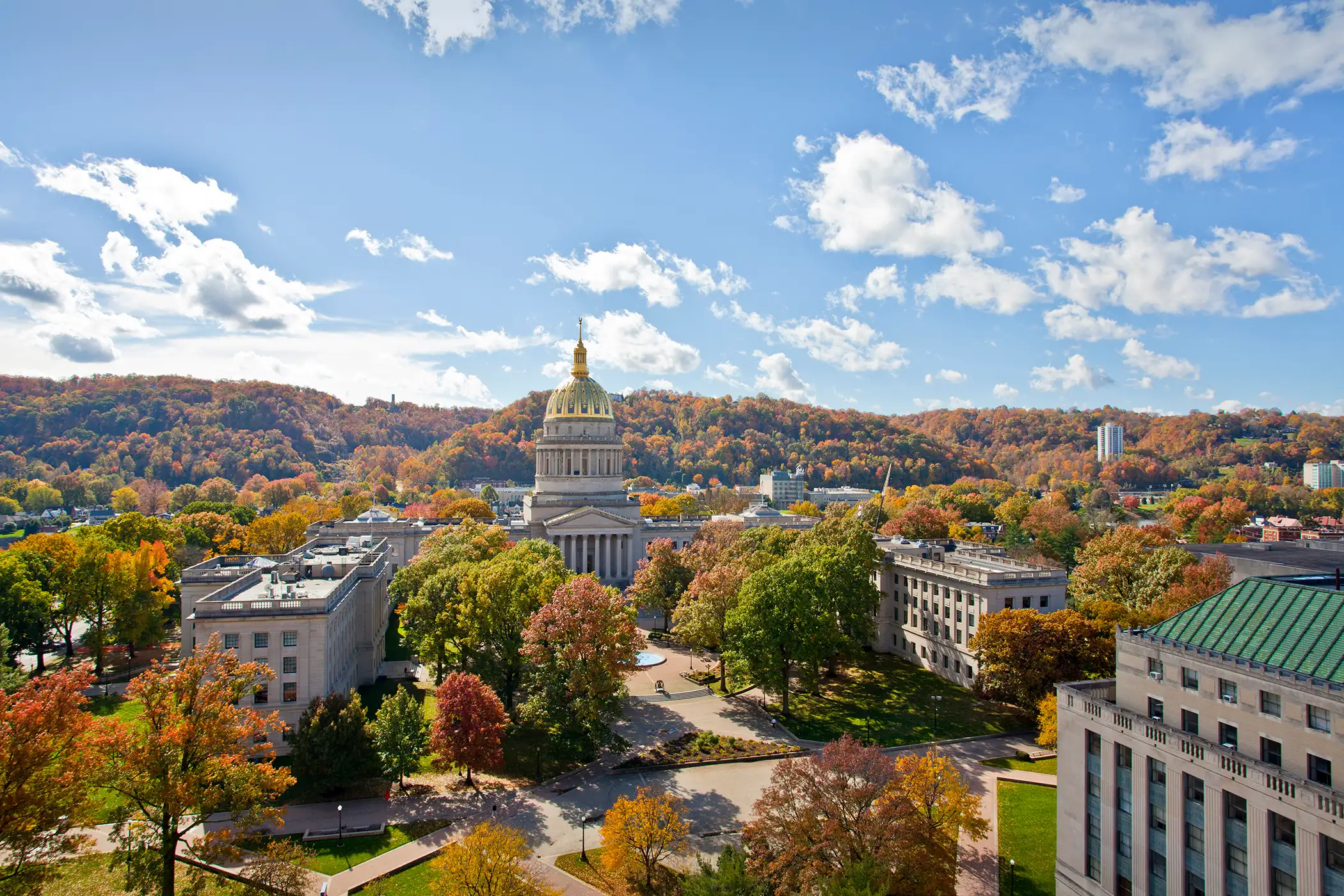 Charleston, West Virginia. Fall looks good on Charleston from across the North Plaza of the West Virginia State Capitol building in autumn.