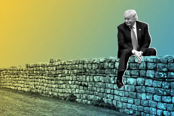 Photo illustration of Donald Trump sitting on a stone wall