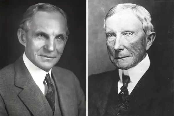 (left) American engineer and automobile manufacturer Henry Ford (1863-1947); (right) American industrialist and philanthropist John Davison Rockefeller (1839 - 1937)