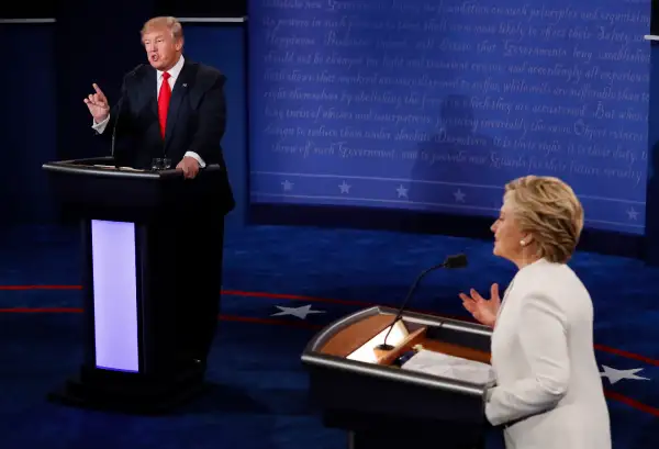 Republican presidential nominee Donald Trump debates with Democratic presidential nominee Hillary Clinton during the third presidential debate at UNLV in Las Vegas, Wednesday, Oct. 19, 2016.