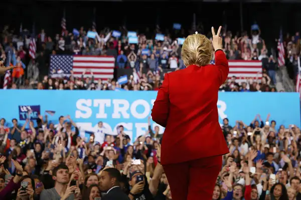 Democratic presidential nominee former Secretary of State Hillary Clinton greets supporters during a campaign rally at North Carolina State University on November 8, 2016 in Raleigh North Carolina.