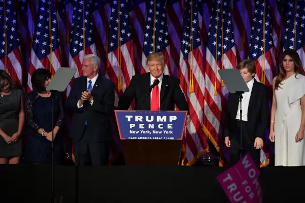 President-elect Donald Trump, with his family, addresses supporters at an election night event at the New York Hilton Midtown November 8, 2016 in New York City, New York.