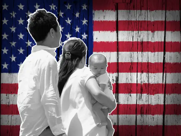 photo illustration of family in front of american flag