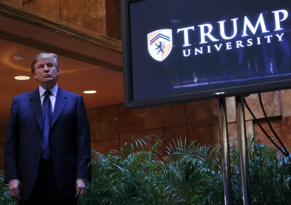 Real estate mogul Donald Trump holds a media conference announcing the establishment of Trump University May 23, 2005 in New York City.