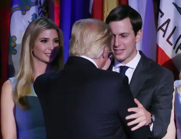 President-elect Donald Trump embraces son in law Jared Kushner (R), as his daughter Ivanka Trump, (L), stands nearby, after his acceptance speech at the New York Hilton Midtown in the early morning hours of November 9, 2016 in New York City. Donald Trump defeated Democratic presidential nominee Hillary Clinton to become the 45th president of the United States.