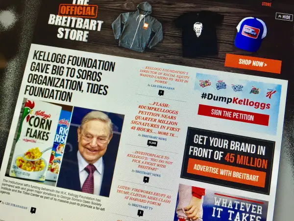 Breitbart site, #DumpKelloggs banner.