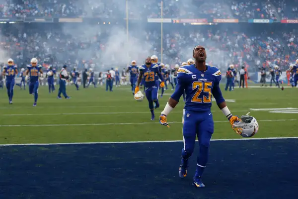 San Diego Chargers defensive back Darrell Stuckey (25) reacts before an NFL football game against the the Denver Broncos in San Diego. The election, the growing move away from cable and the increase of live streaming have all been given as reasons for a double-digit decline in NFL viewership through the first five weeks.