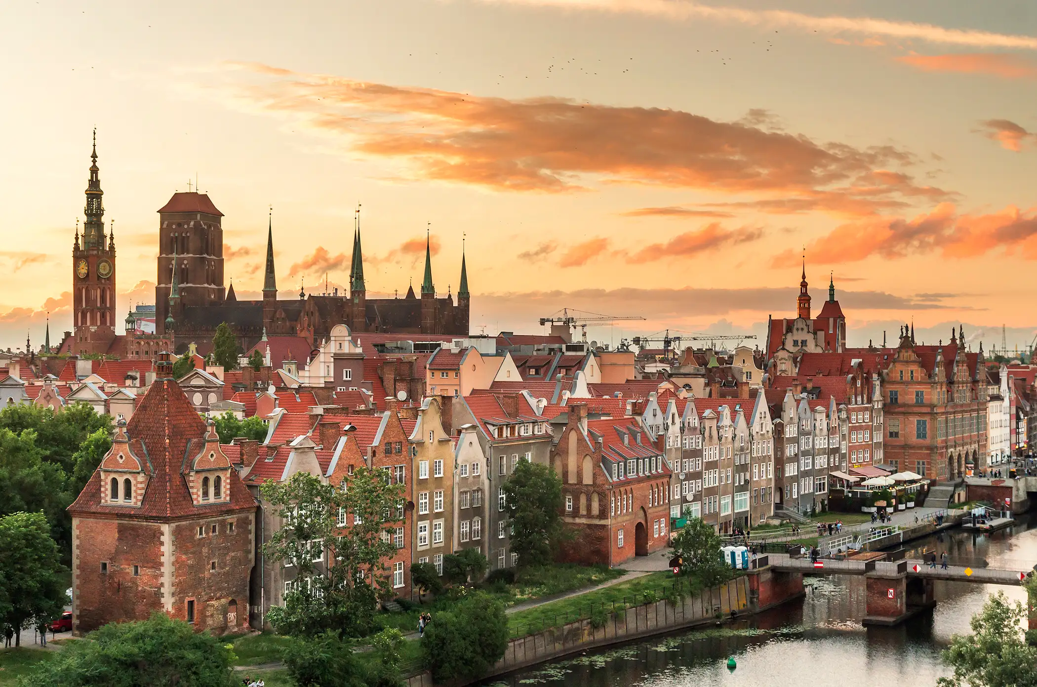 Historical center of Gdansk, town hall and St. Mary's Church at evening