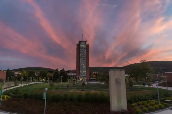 Sun sets over library, Binghamton.