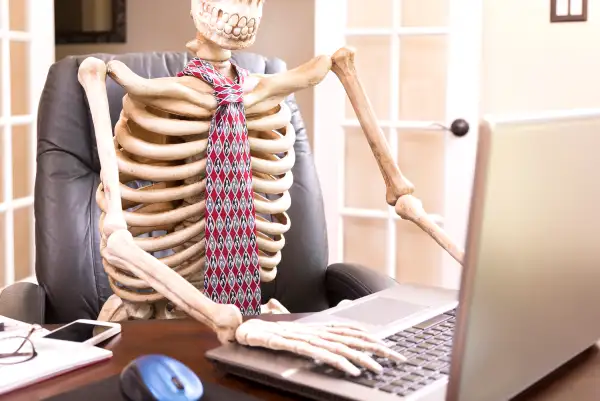 skeleton sits in front of laptop in office
