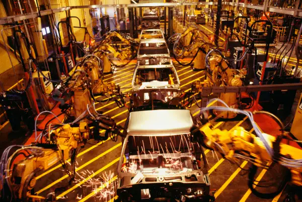 High angle view of robots at work in a plant, GMC Truck Plant, Michigan, USA