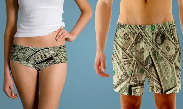 Man and Woman in dollar bill print underwear