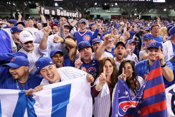 Chicago Cub fans celebrate after winning game 7 of the 2016 World Series against the Chicago Cubs and the Cleveland Indians at Progressive Field in Cleveland, OH. Chicago defeated Cleveland 8-7 in 10 innings.