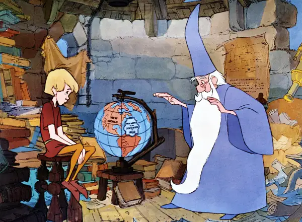 THE SWORD IN THE STONE, from left: Wart (aka King Arthur), Merlin, 1963.