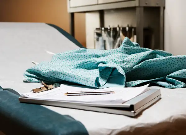 Medical chart and examination gown on table in exam room