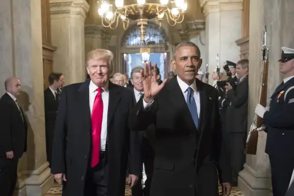 President-elect Donald Trump and former President Barack Obama arrive for Trumps inauguration ceremony at the Capitol in Washington, on January 20, 2017.