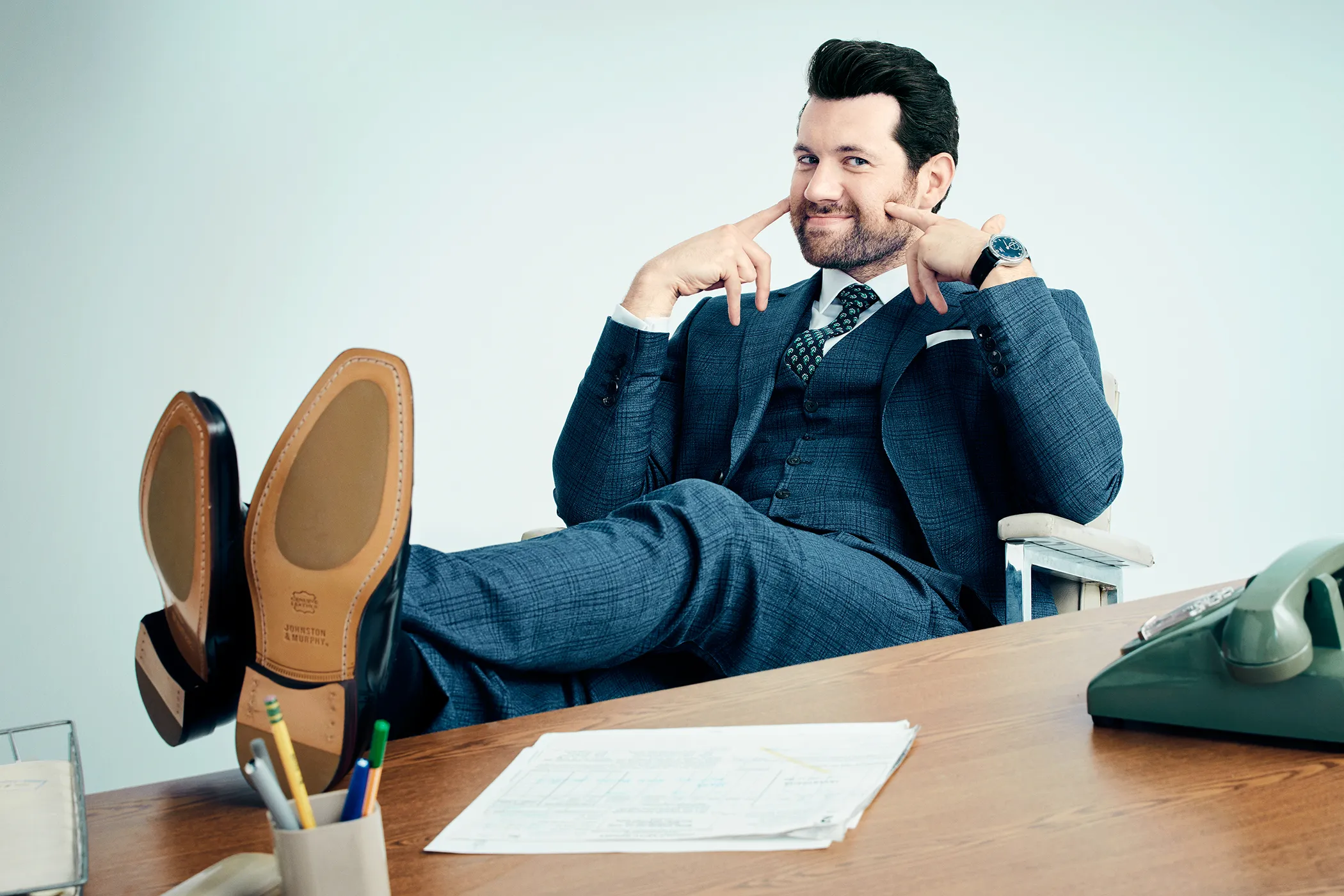 Billy at the desk.  Shot in Los Angeles, June 14, 2017. Styling by Jenny Ricker at Starworks Artists.  Prop styling by Faethgruppe.  Grooming by Christine Nelli using Oribe at the Wall Group.