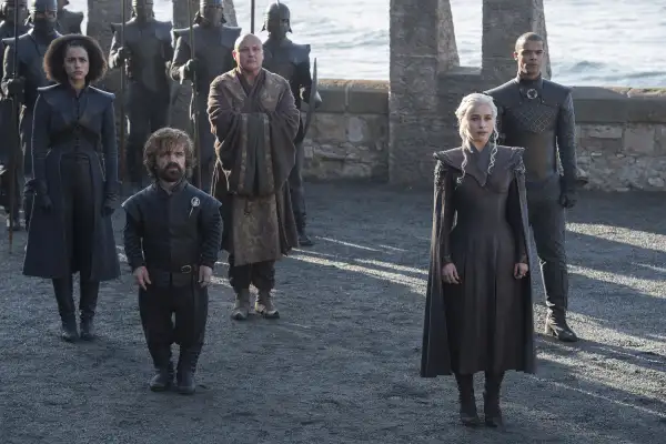 Nathalie Emmanuel, Peter Dinklage, Conleth Hill, Emilia Clarke, Jacob Anderson in HBO's  Game of Thrones  Season 7 (2017).