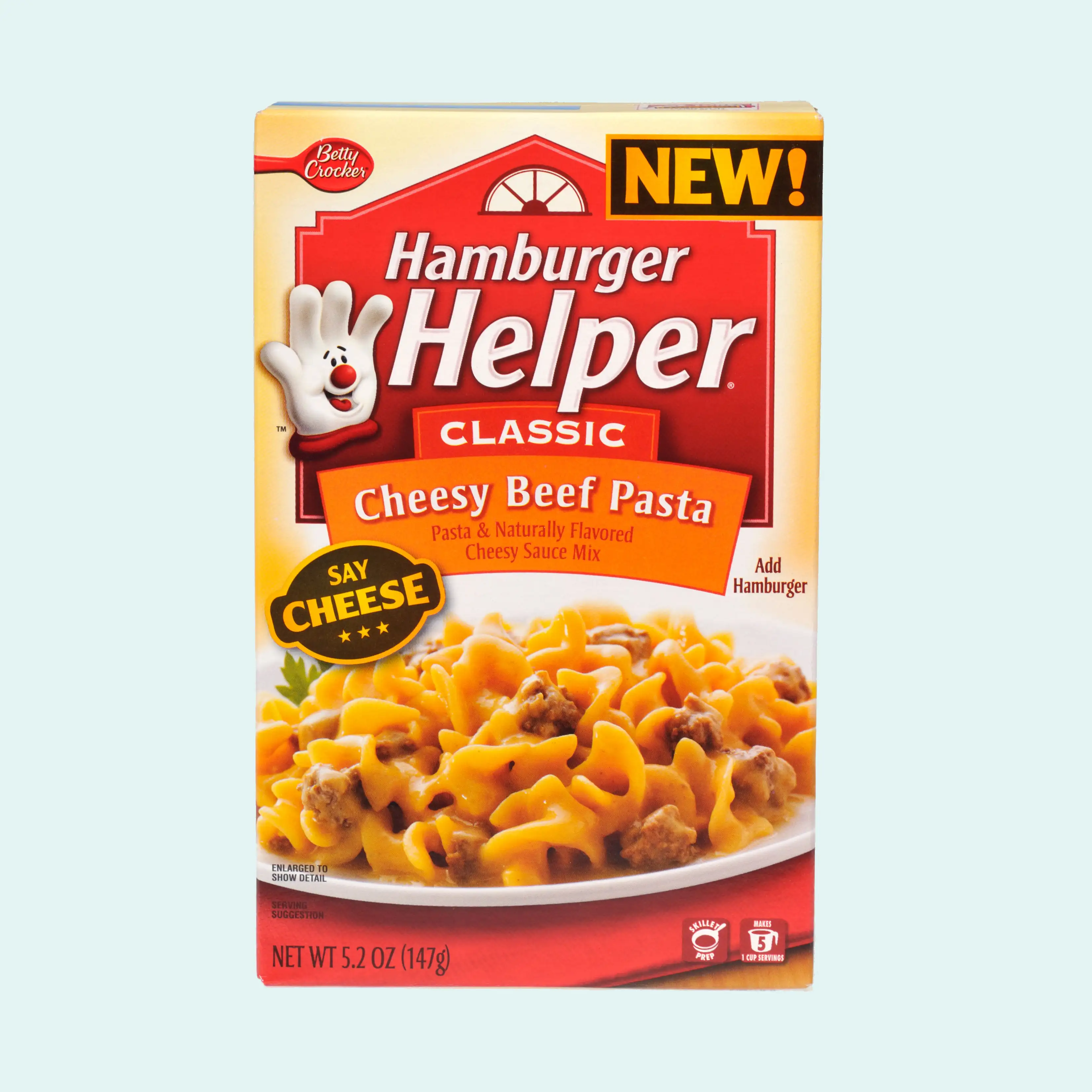 Box of Betty Crocker Cheesy Beef Pasta Hamburger Helper Classic on white background cutout.