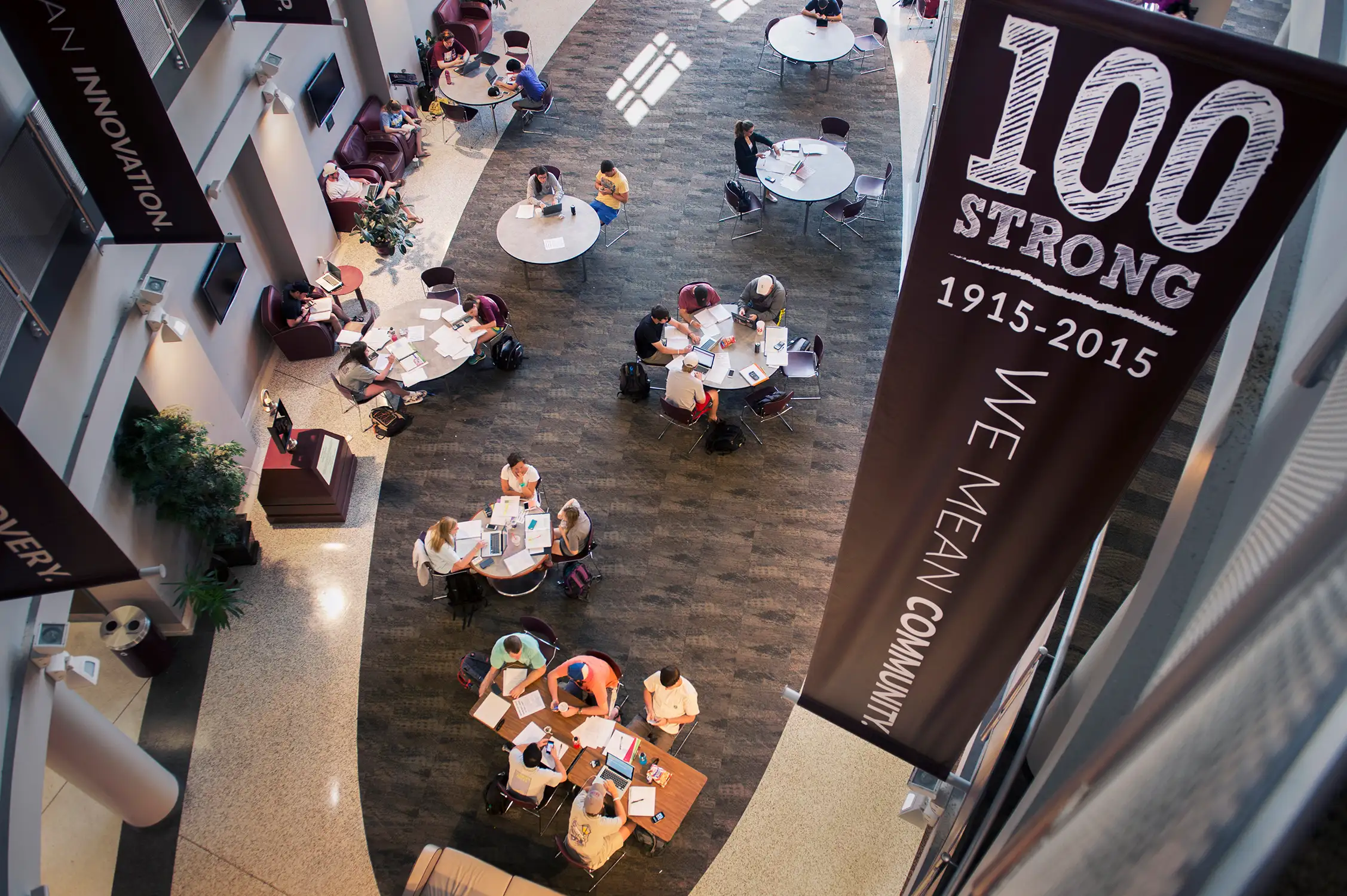 Inspirational banners in McCool Hall. (photo by Raeley Stevens / © Mississippi State University)