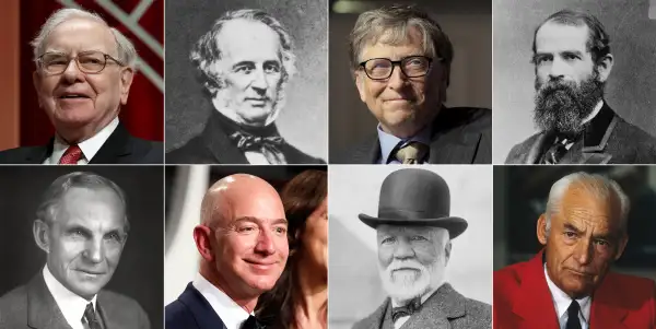 (top, left to right) Warren Buffett, Cornelius Vanderbilt, Bill Gates, Jay Gould; (bottom, left to right) Henry Ford, Jeff Bezos, Andrew Carnegie, Sam Walton.