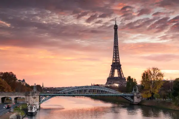 Dawn over Eiffel tower and Seine, Paris, France