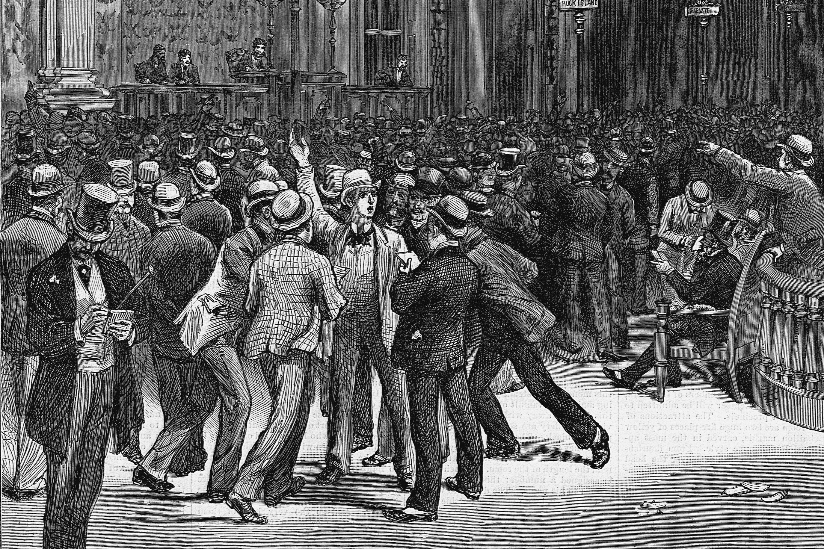 An illustration of the interior of the New York Stock Exchange from Harper's Weekly, September 10, 1881.