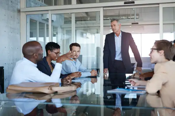 Male CEO presenting plan in meeting room