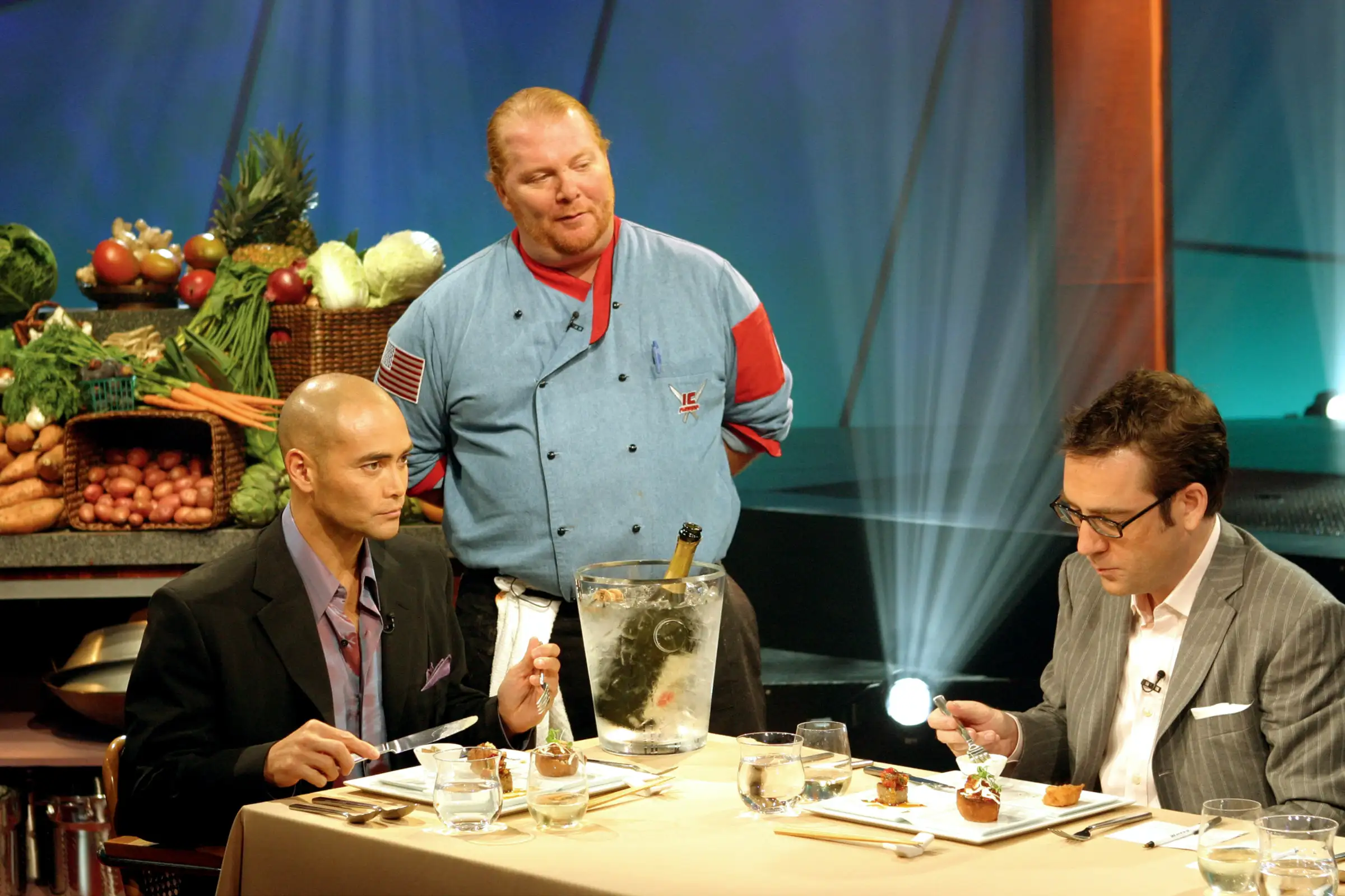 IRON CHEF AMERICA: THE SERIES, 'The Chairman' Marc Dascascos, chef Mario Batali, judge Ted Allen, (S