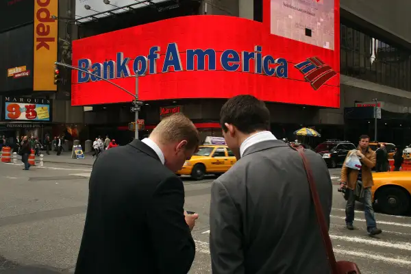 Two men outside a Bank of America in Times Square
