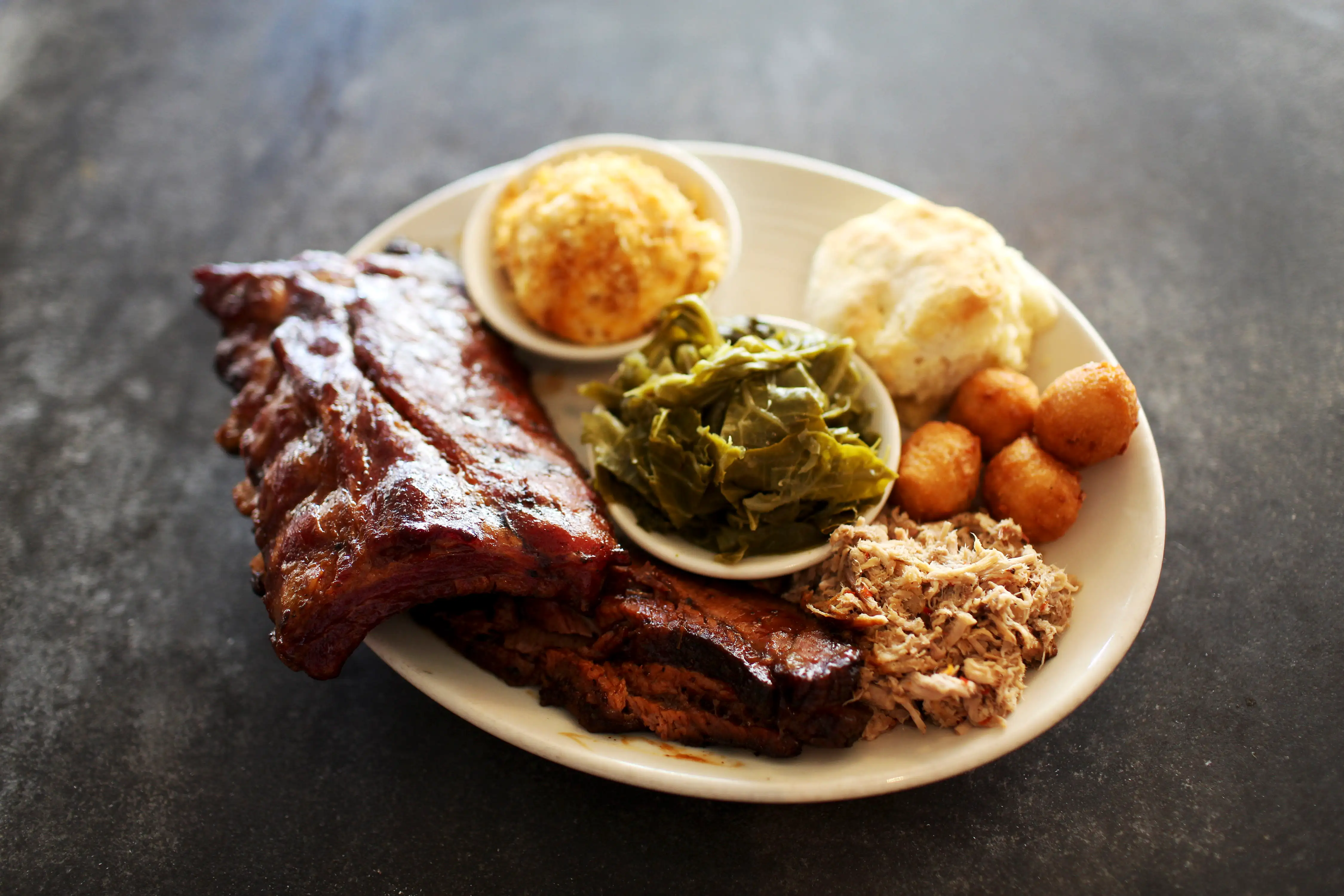 A combo plate of barbecue specialties at the Pit in Raleigh, N.C.