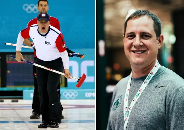 (Left) John Shuster of the USA competes against Switzerland during the Men's Curling Round Robin on day ten of the Sochi 2014 Winter Olympics at Ice Cube Curling Center on February 17, 2014 in Sochi, Russia; (right) John Schuster working at Dick’s Sporting Goods.