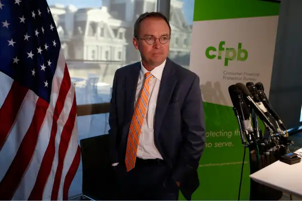 0MB Director Mulvaney speaks to the media at the U.S. Consumer Financial Protection Bureau in Washington