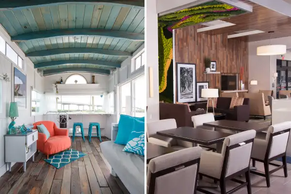 (left) A Pirate’s Life For Me – Houseboat!, Charleston, SC 5 from Airbnb; (right) Hampton Inn & Suites by Hilton Augusta-Washington Road, GA