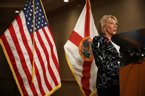 U.S. Education Secretary Betsy DeVos Speaks To Media After Visiting Students At Marjory Stoneman Douglas High School