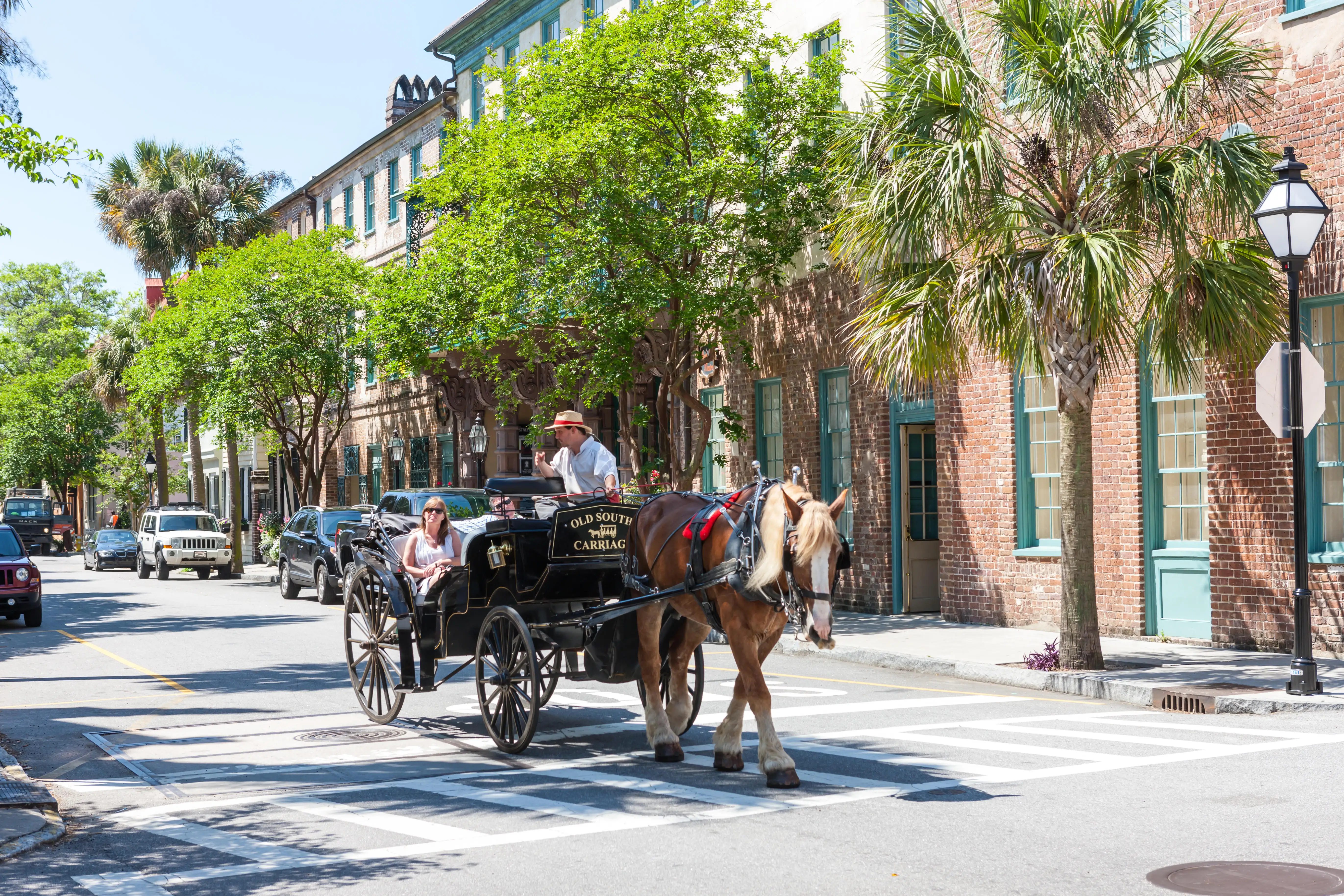 A couple takes a horse-drawn carriage tour in historic Charleston, South Carolina.