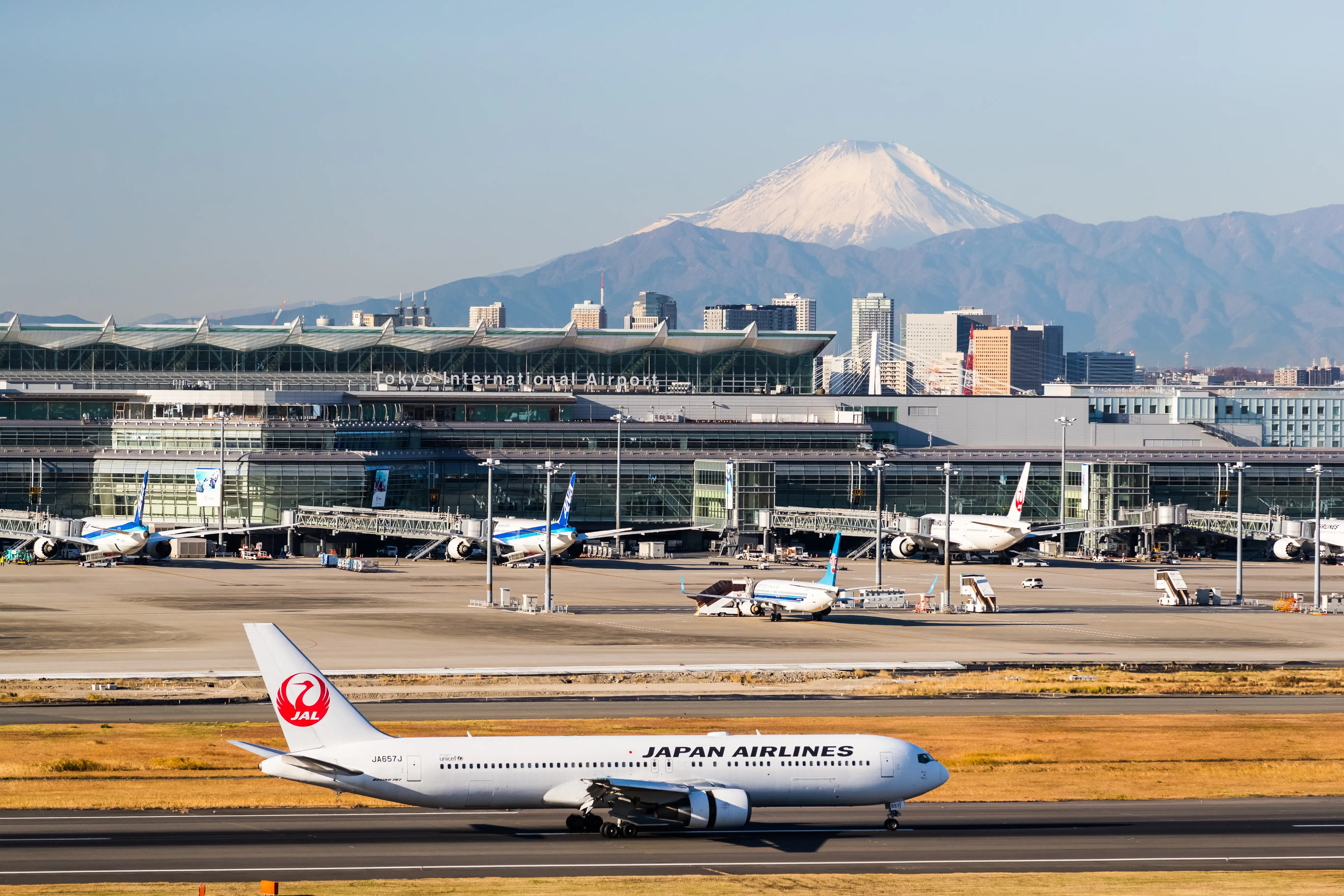 Haneda Airport and Mount Fuji on a clear day, Tokyo, Japan, December 14, 2017.