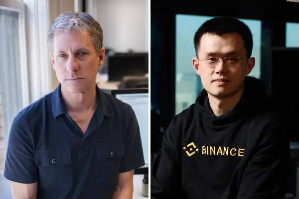 (left) Chris Larsen, chief executive of Ripple Labs, that makes a math-based currency, at company headquarters in San Francisco, Nov. 1, 2013. (right) Zhao Changpeng, chief executive officer of Binance, poses for a photograph following a Bloomberg Television interview in Tokyo, Japan, on Thursday, Jan. 11, 2018.