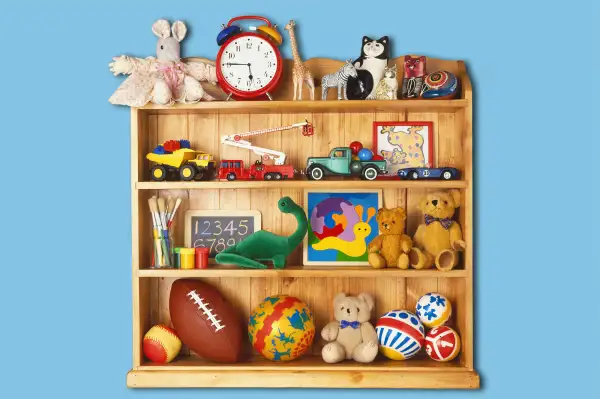 Wooden bookcase stacked with toys including rubber balls, cuddly animals and plastic cars and trucks.