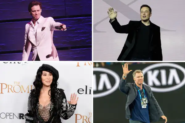 (clockwise from top left) Jim Carrey, Elon Musk, Will Ferrell, Cher
